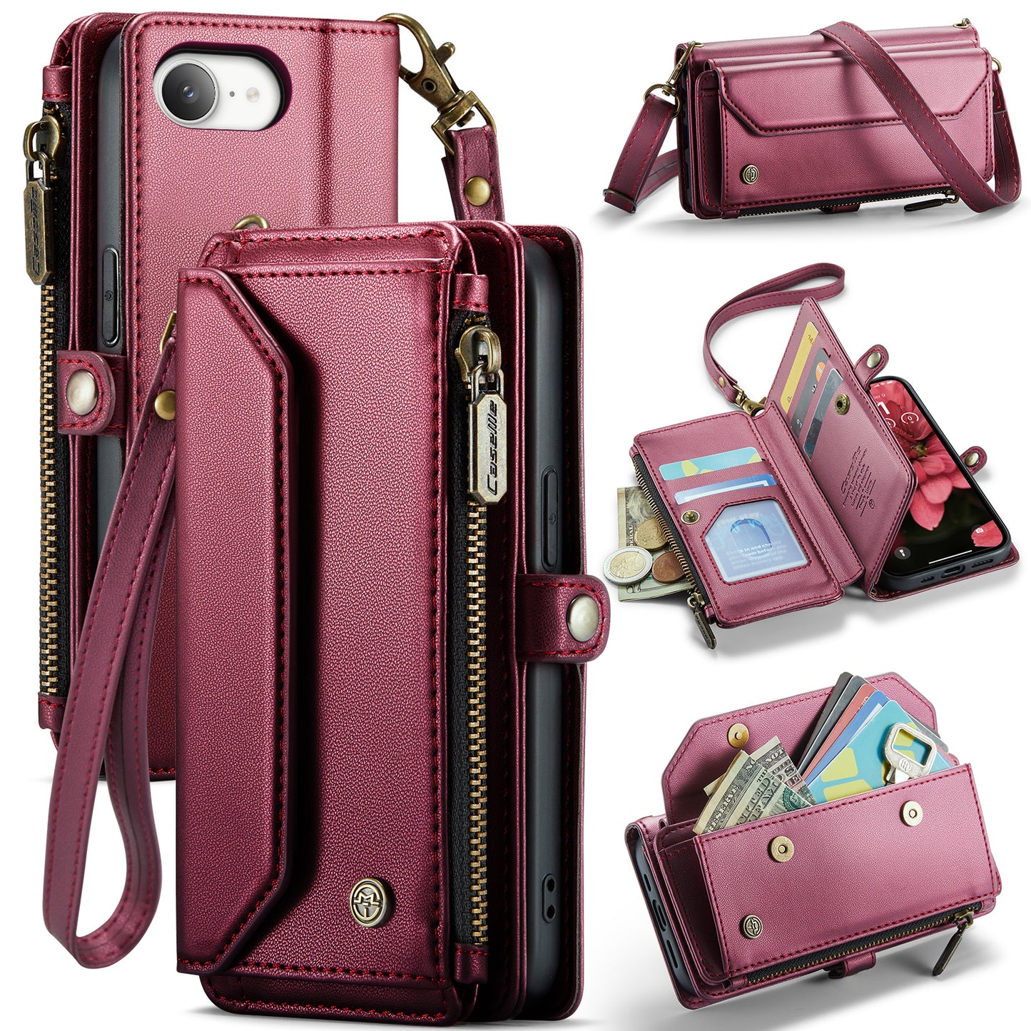 New RFID Blocking Zipper Wallet Supports Wireless Charging with Long and Short Lanyard Leather Phone Case for iPhone16/16e/16 Pro/16 Plus/16 Pro Max