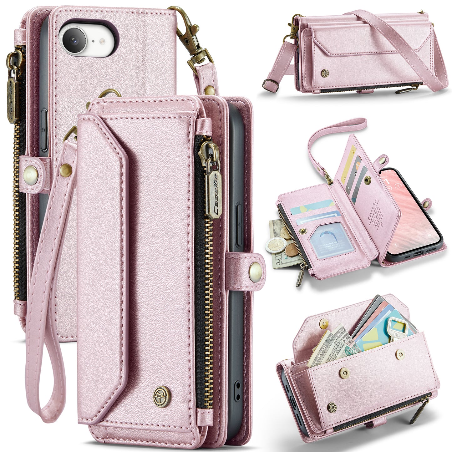 New RFID Blocking Zipper Wallet Supports Wireless Charging with Long and Short Lanyard Leather Phone Case for iPhone16/16e/16 Pro/16 Plus/16 Pro Max