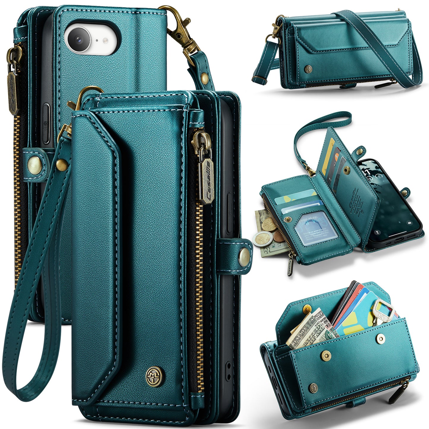New RFID Blocking Zipper Wallet Supports Wireless Charging with Long and Short Lanyard Leather Phone Case for iPhone16/16e/16 Pro/16 Plus/16 Pro Max