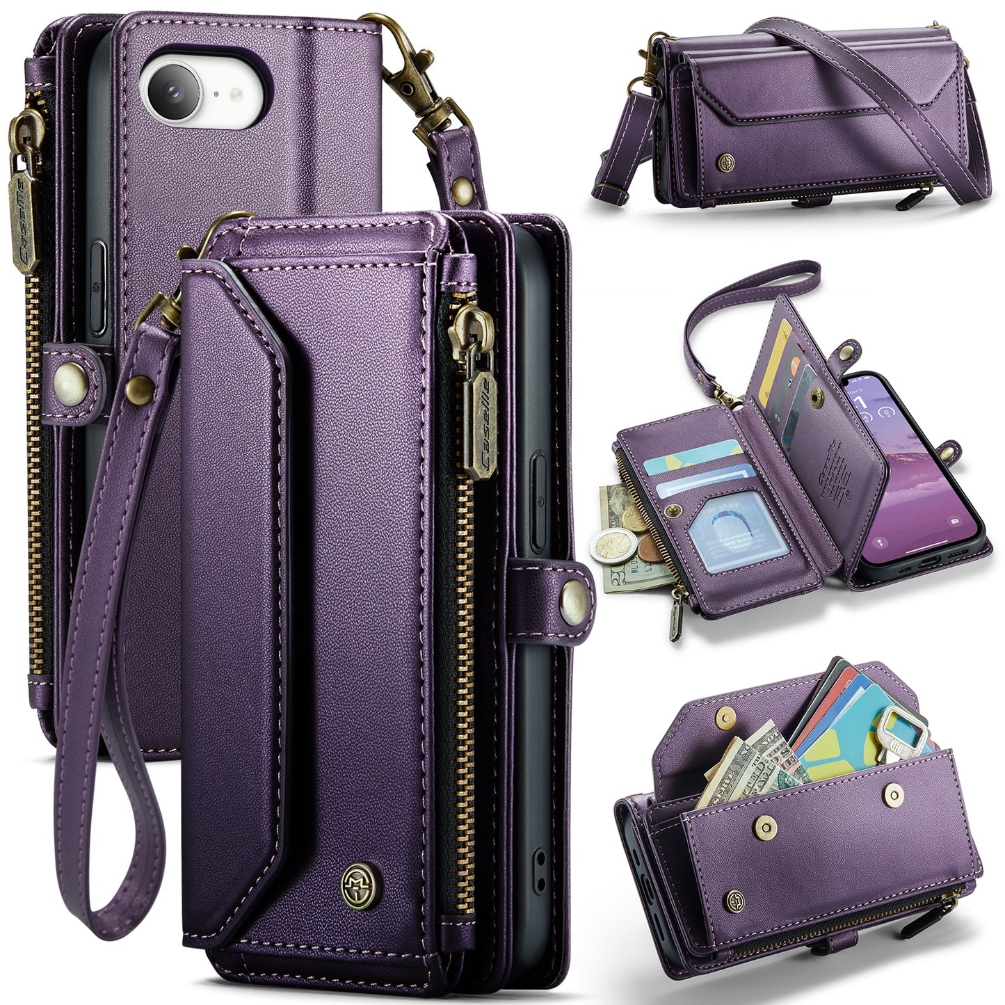 New RFID Blocking Zipper Wallet Supports Wireless Charging with Long and Short Lanyard Leather Phone Case for iPhone16/16e/16 Pro/16 Plus/16 Pro Max