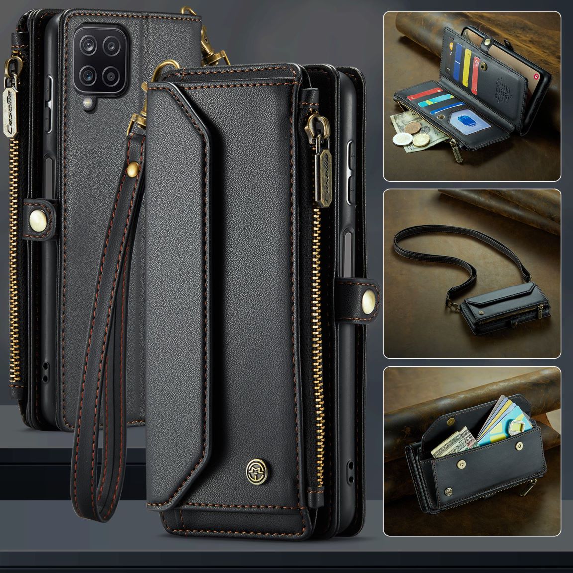 New RFID Blocking Zipper Wallet Supports Wireless Charging with Long and Short Lanyard Leather Phone Case for Samsung Galaxy A