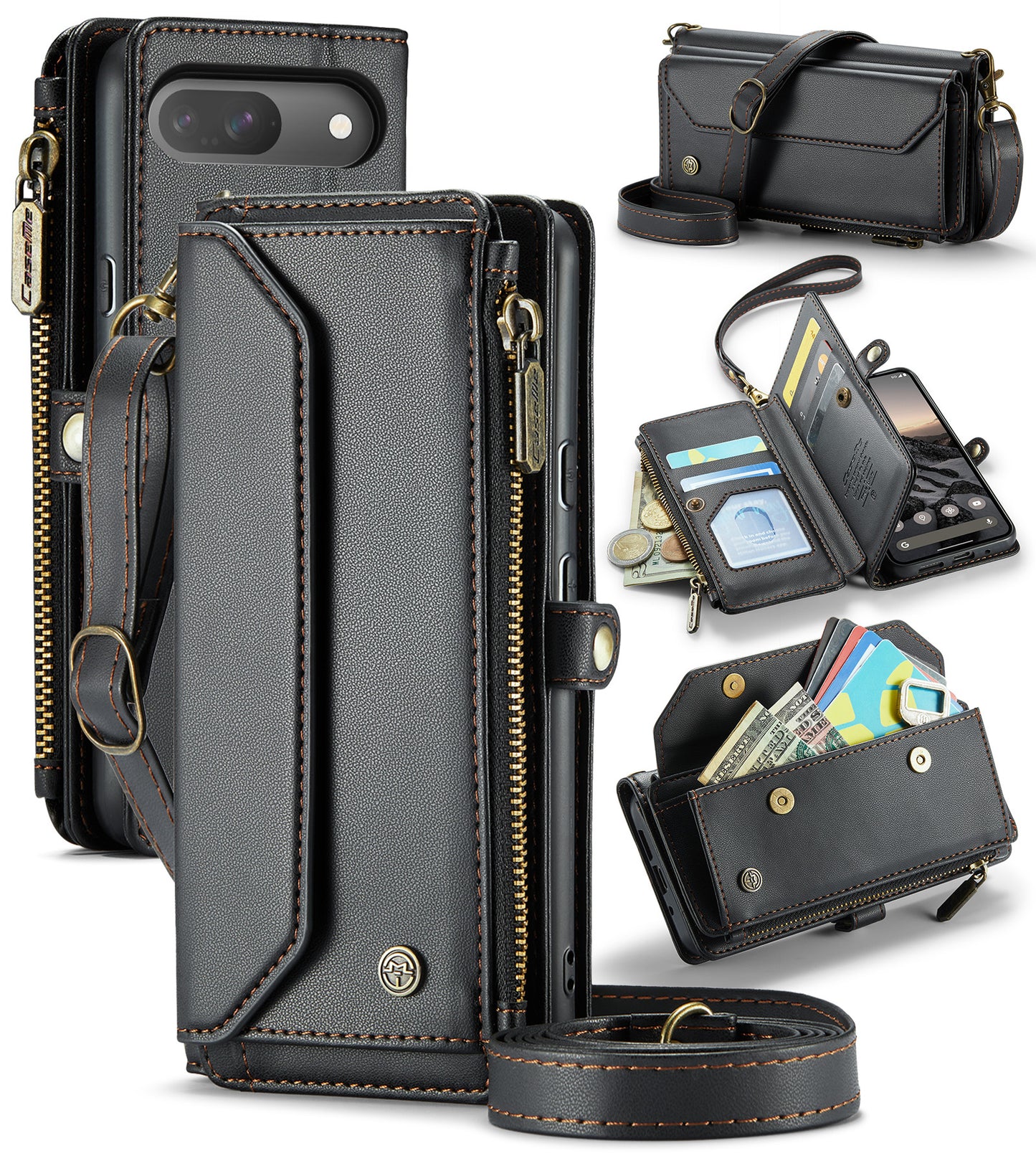 New RFID Blocking Zipper Wallet Supports Wireless Charging with Long and Short Lanyard Leather Phone Case for Google