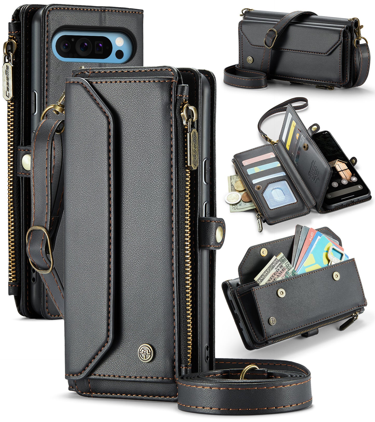 New RFID Blocking Zipper Wallet Supports Wireless Charging with Long and Short Lanyard Leather Phone Case for Google