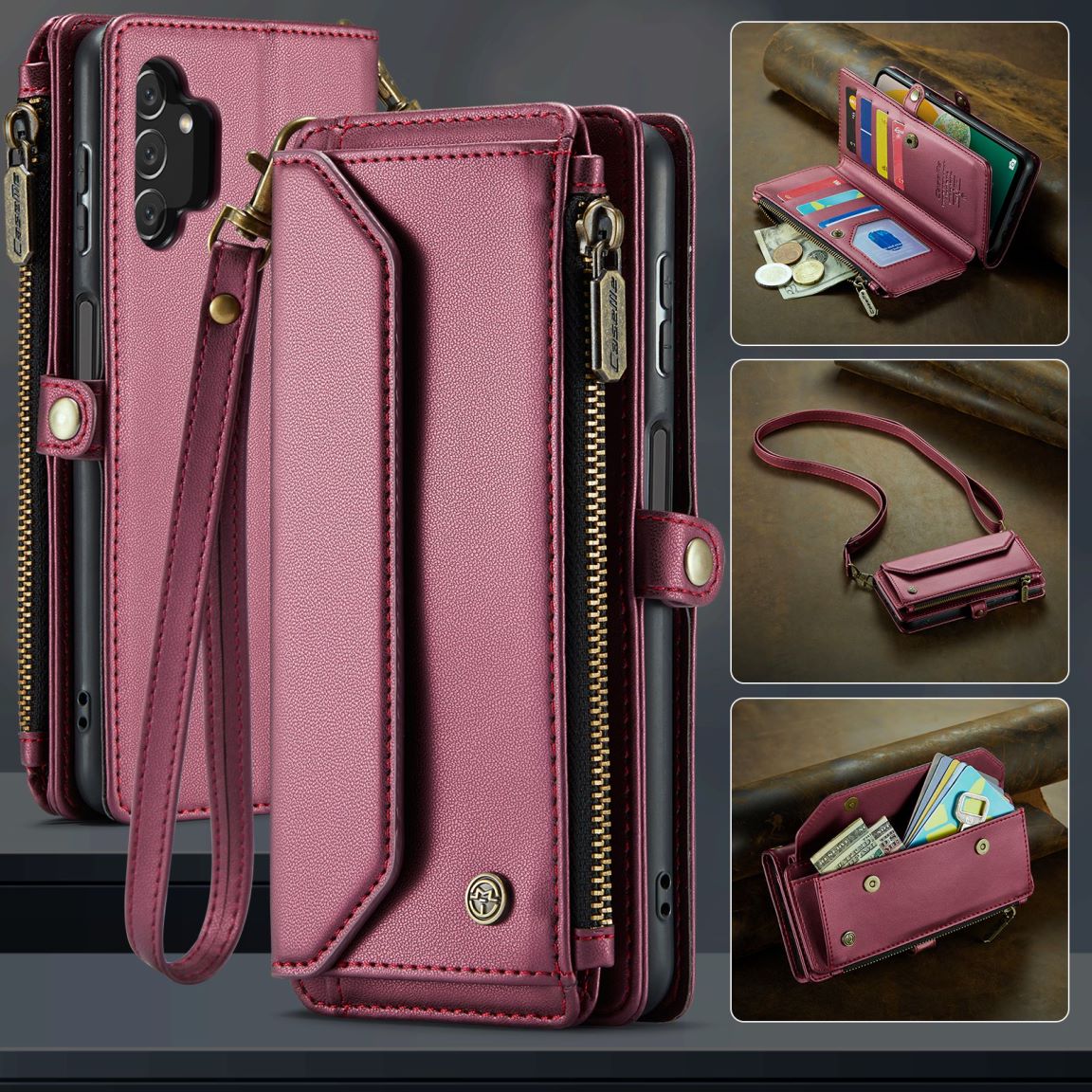 New RFID Blocking Zipper Wallet Supports Wireless Charging with Long and Short Lanyard Leather Phone Case for Samsung Galaxy A