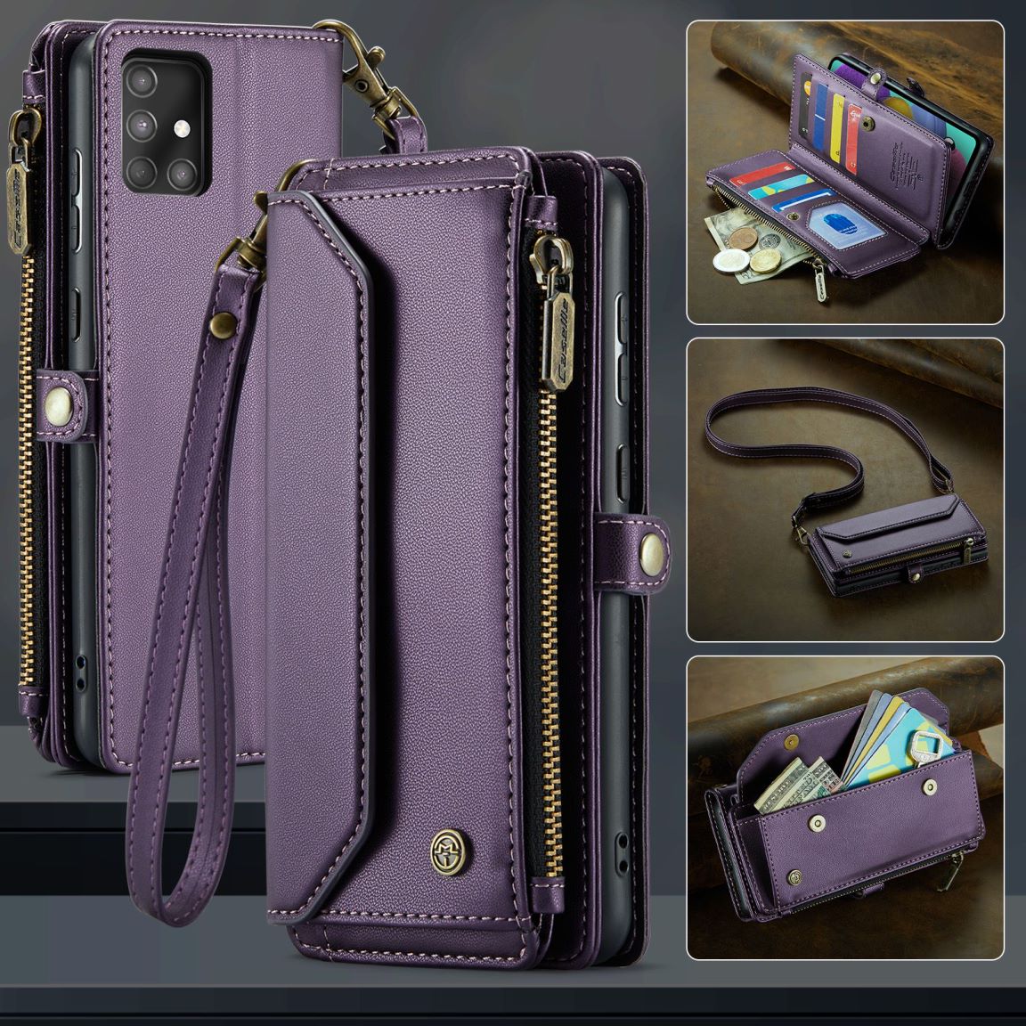 New RFID Blocking Zipper Wallet Supports Wireless Charging with Long and Short Lanyard Leather Phone Case for Samsung Galaxy A