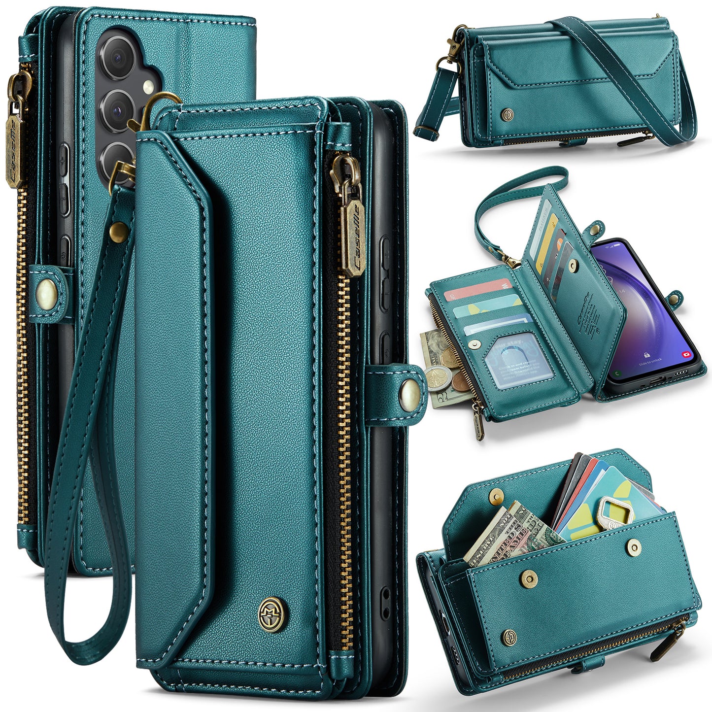 New RFID Blocking Zipper Wallet Supports Wireless Charging with Long and Short Lanyard Leather Phone Case for Samsung