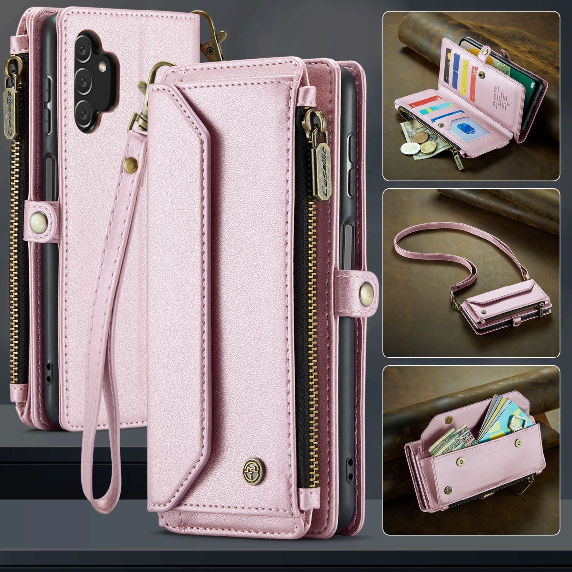 New RFID Blocking Zipper Wallet Supports Wireless Charging with Long and Short Lanyard Leather Phone Case for Samsung Galaxy A