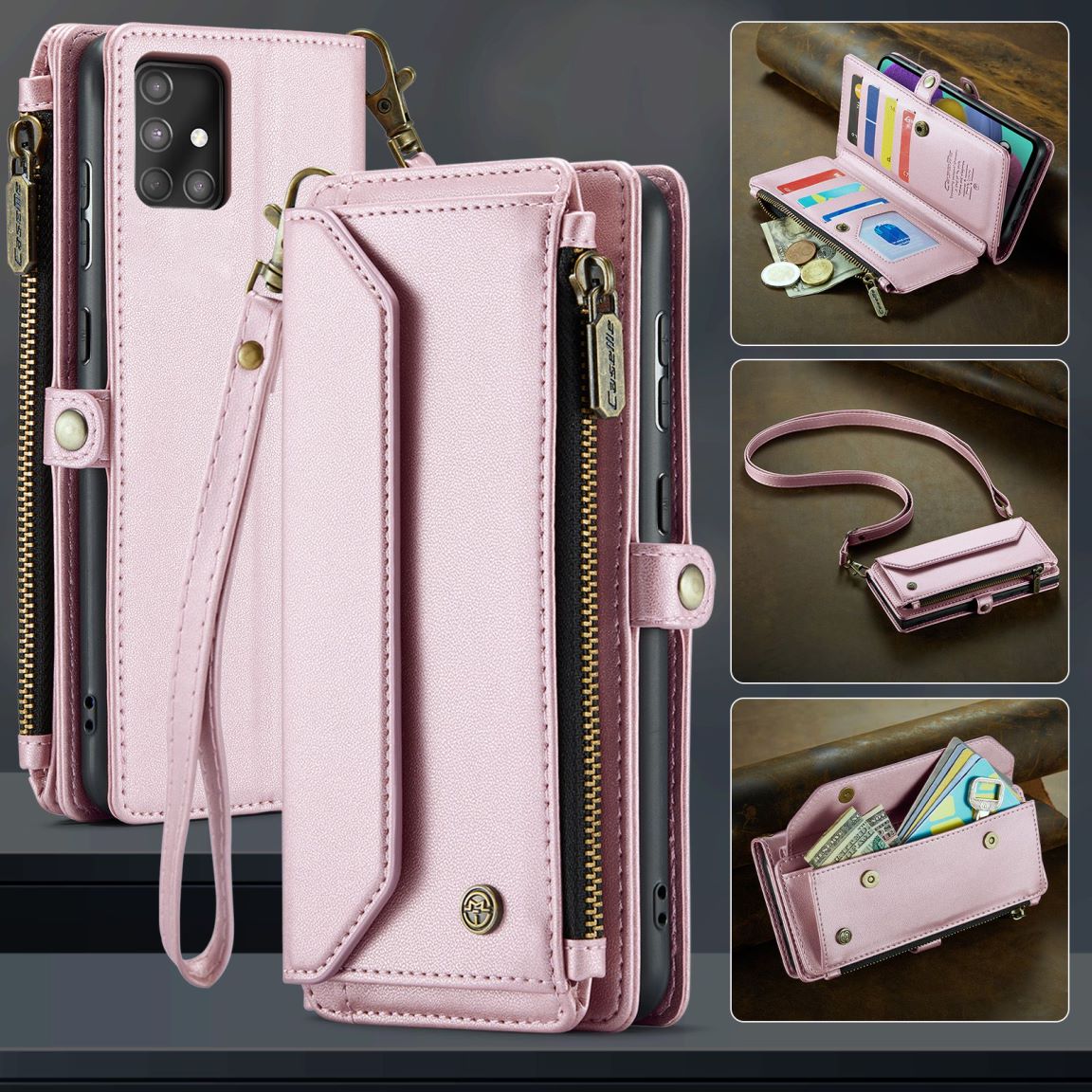 New RFID Blocking Zipper Wallet Supports Wireless Charging with Long and Short Lanyard Leather Phone Case for Samsung Galaxy A