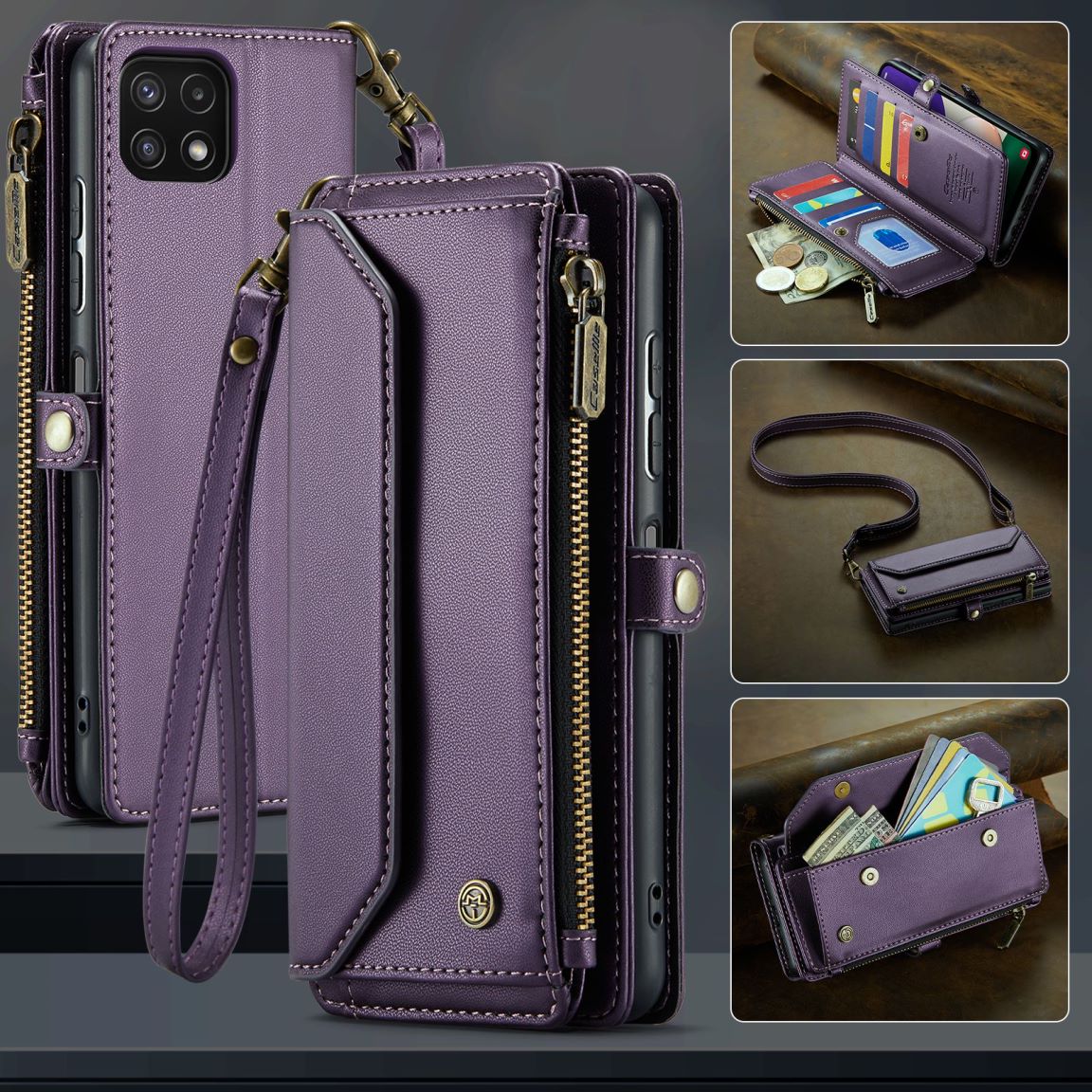 New RFID Blocking Zipper Wallet Supports Wireless Charging with Long and Short Lanyard Leather Phone Case for Samsung Galaxy A