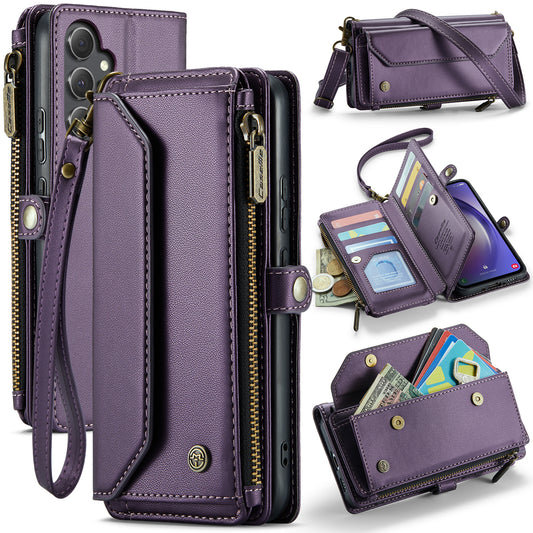 New RFID Blocking Zipper Wallet Supports Wireless Charging with Long and Short Lanyard Leather Phone Case for Samsung Galaxy A