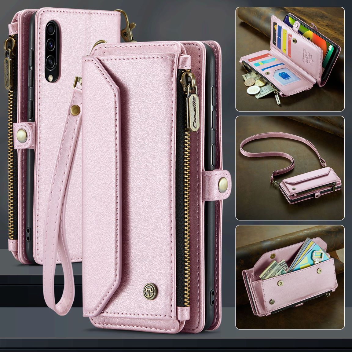 New RFID Blocking Zipper Wallet Supports Wireless Charging with Long and Short Lanyard Leather Phone Case for Samsung Galaxy A