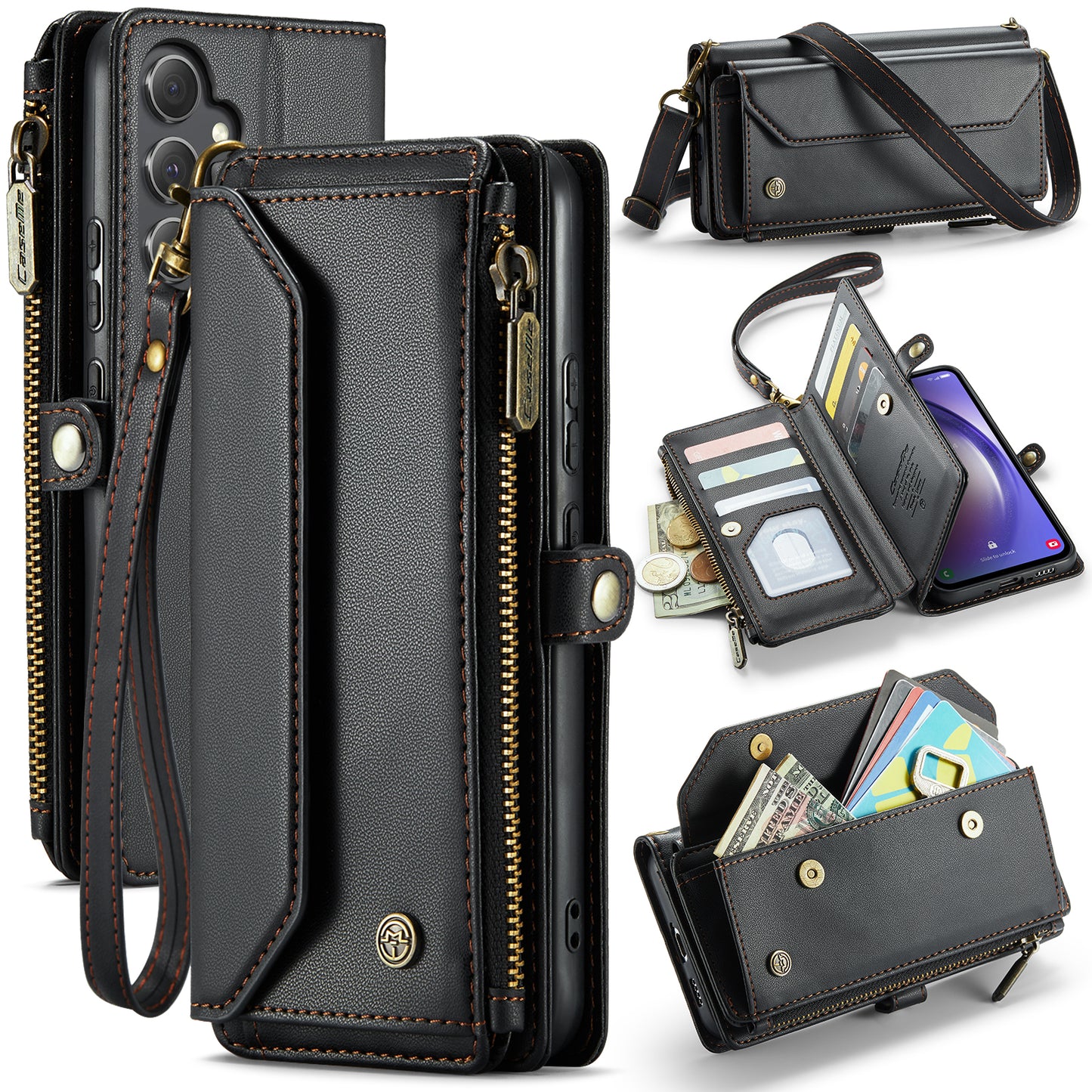 New RFID Blocking Zipper Wallet Supports Wireless Charging with Long and Short Lanyard Leather Phone Case for Samsung