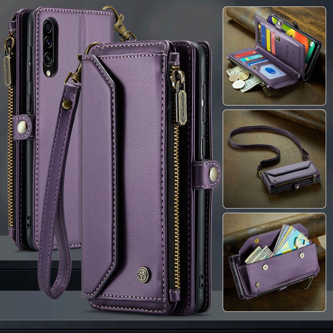 New RFID Blocking Zipper Wallet Supports Wireless Charging with Long and Short Lanyard Leather Phone Case for Samsung Galaxy A