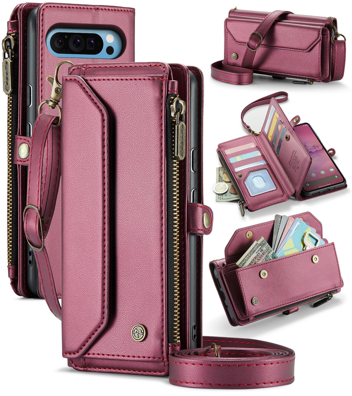 New RFID Blocking Zipper Wallet Supports Wireless Charging with Long and Short Lanyard Leather Phone Case for Google