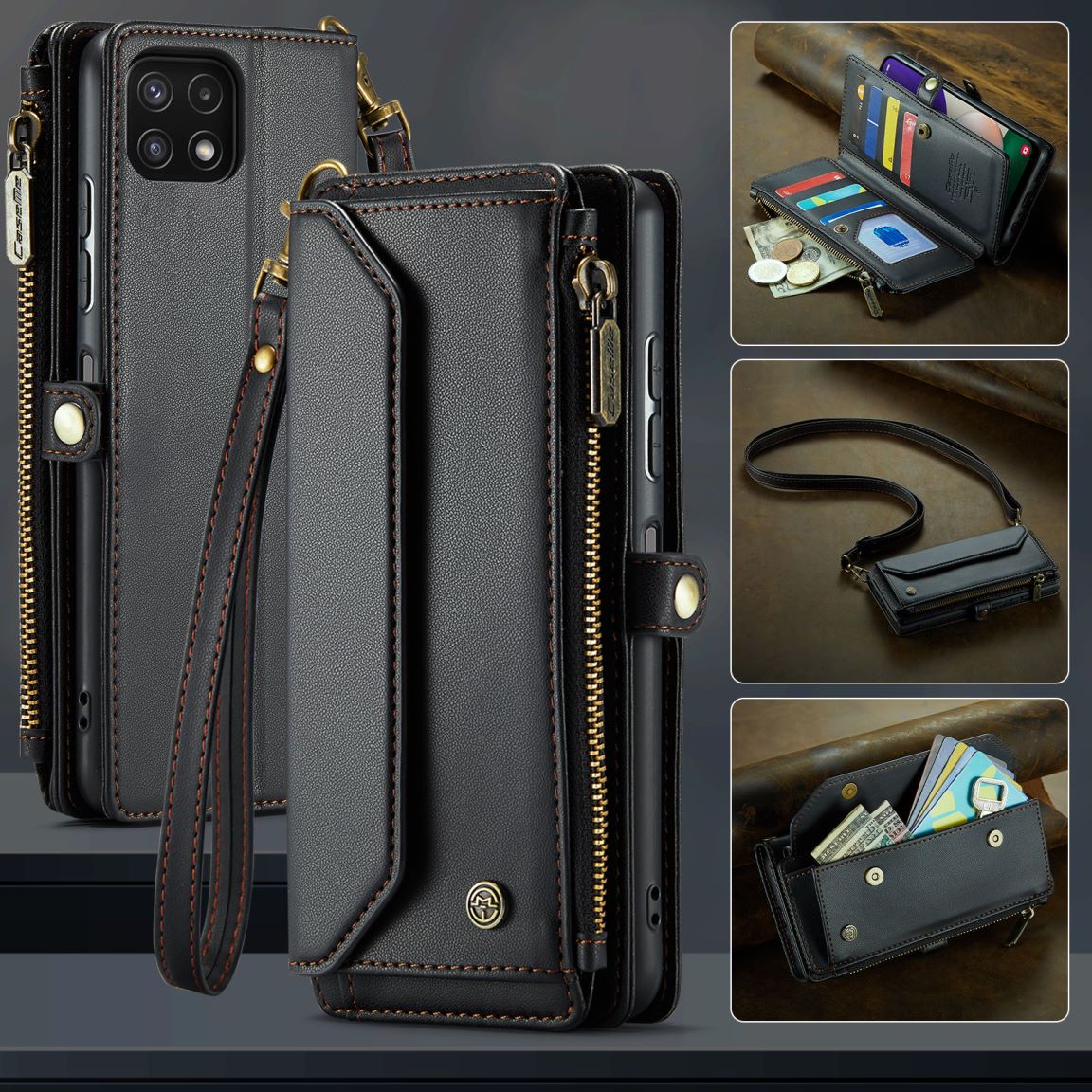 New RFID Blocking Zipper Wallet Supports Wireless Charging with Long and Short Lanyard Leather Phone Case for Samsung Galaxy A