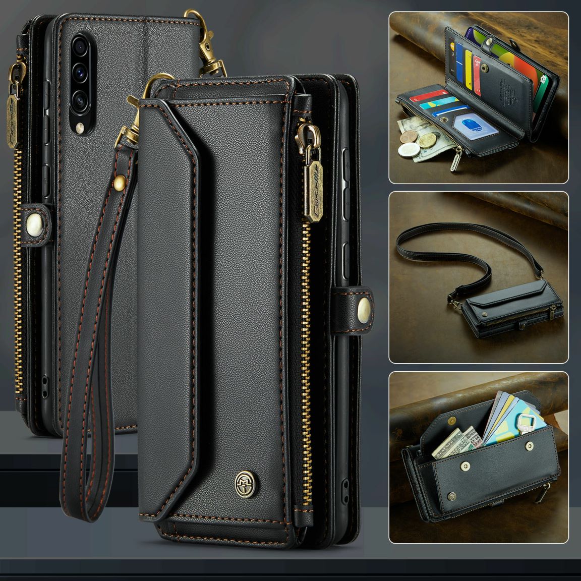 New RFID Blocking Zipper Wallet Supports Wireless Charging with Long and Short Lanyard Leather Phone Case for Samsung Galaxy A