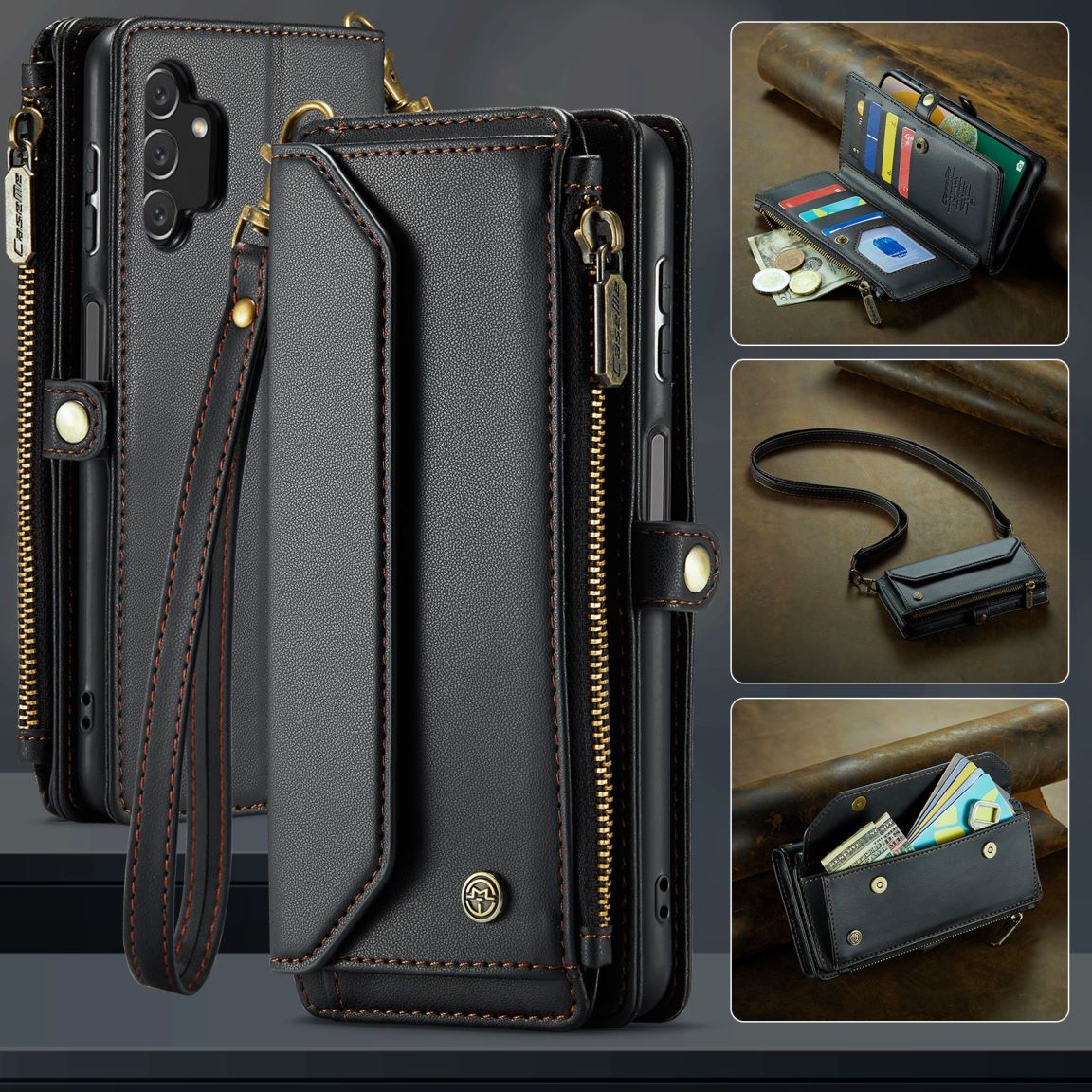 New RFID Blocking Zipper Wallet Supports Wireless Charging with Long and Short Lanyard Leather Phone Case for Samsung Galaxy A