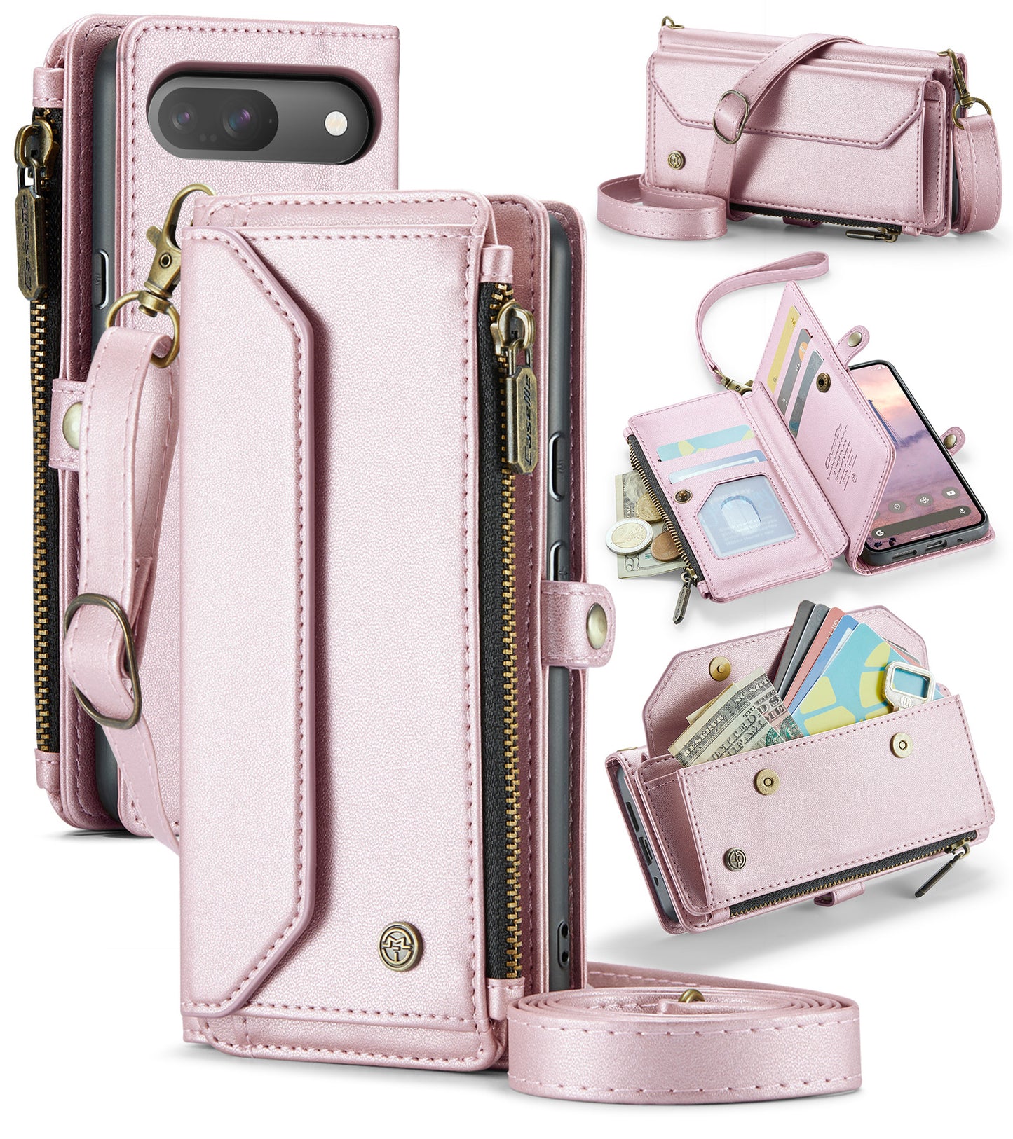 New RFID Blocking Zipper Wallet Supports Wireless Charging with Long and Short Lanyard Leather Phone Case for Google
