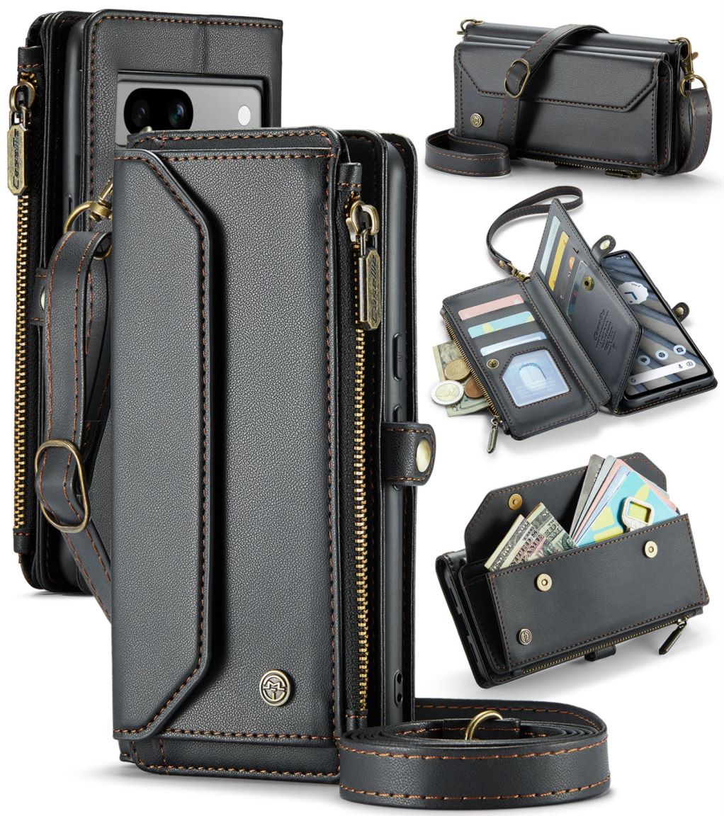 New RFID Blocking Zipper Wallet Supports Wireless Charging with Long and Short Lanyard Leather Phone Case for Google