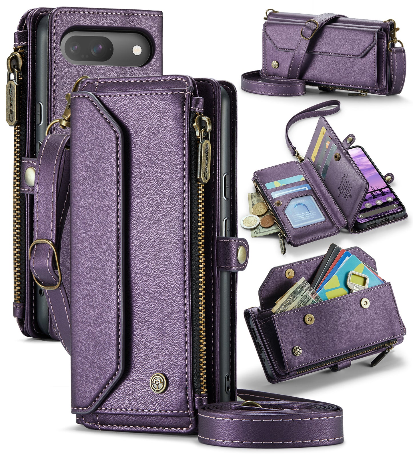 New RFID Blocking Zipper Wallet Supports Wireless Charging with Long and Short Lanyard Leather Phone Case for Google