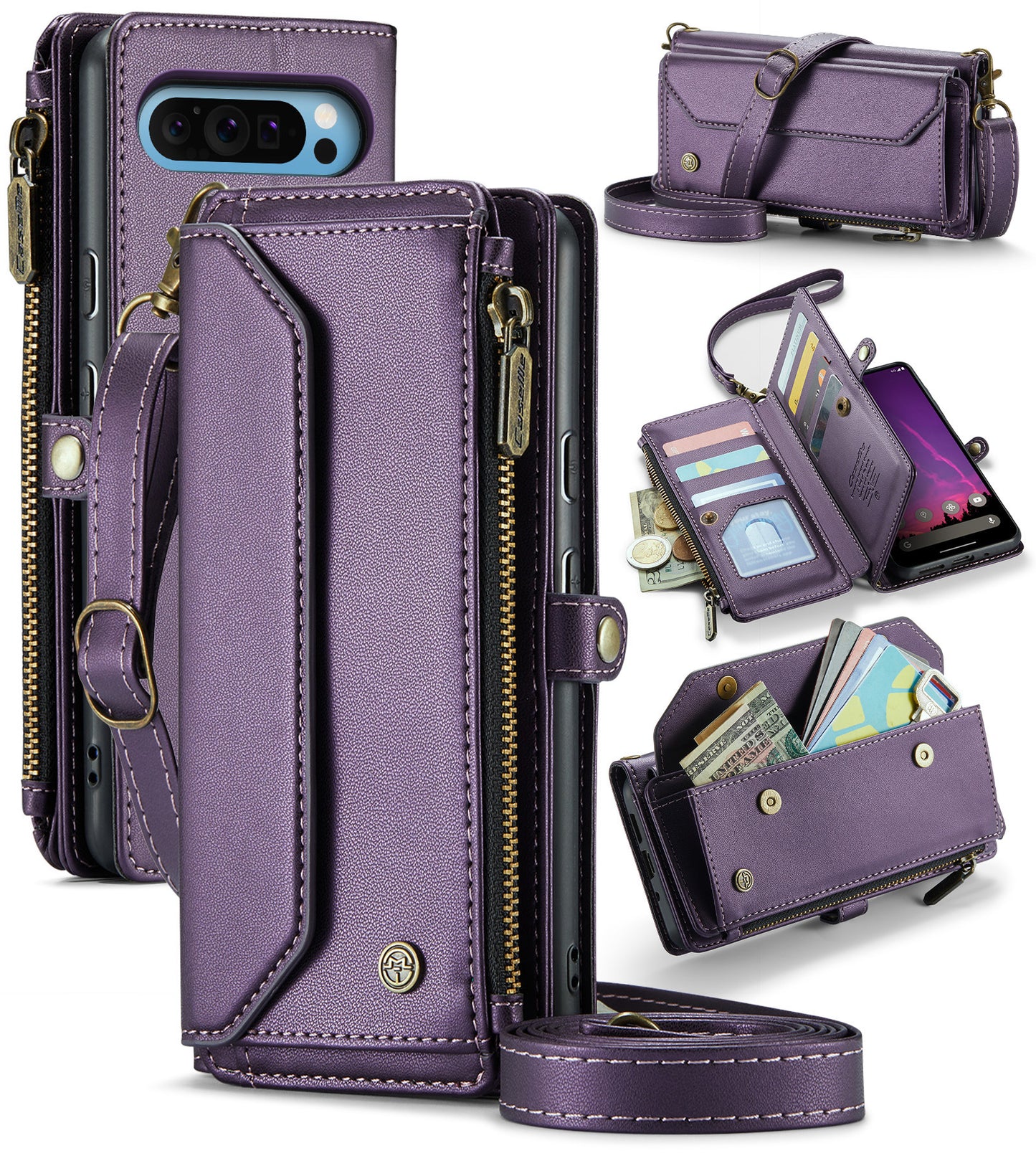 New RFID Blocking Zipper Wallet Supports Wireless Charging with Long and Short Lanyard Leather Phone Case for Google