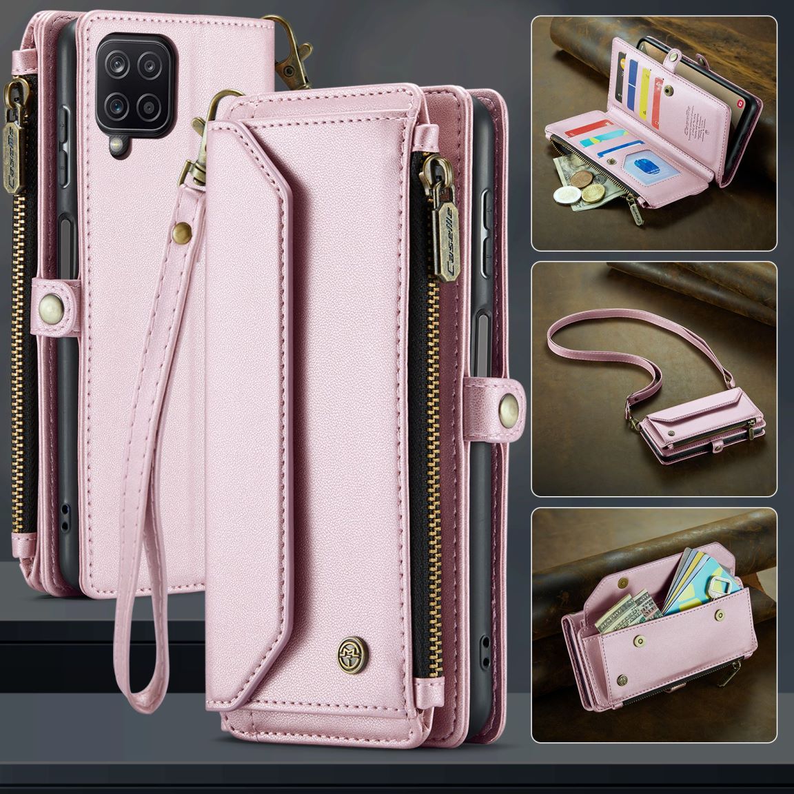 New RFID Blocking Zipper Wallet Supports Wireless Charging with Long and Short Lanyard Leather Phone Case for Samsung Galaxy A