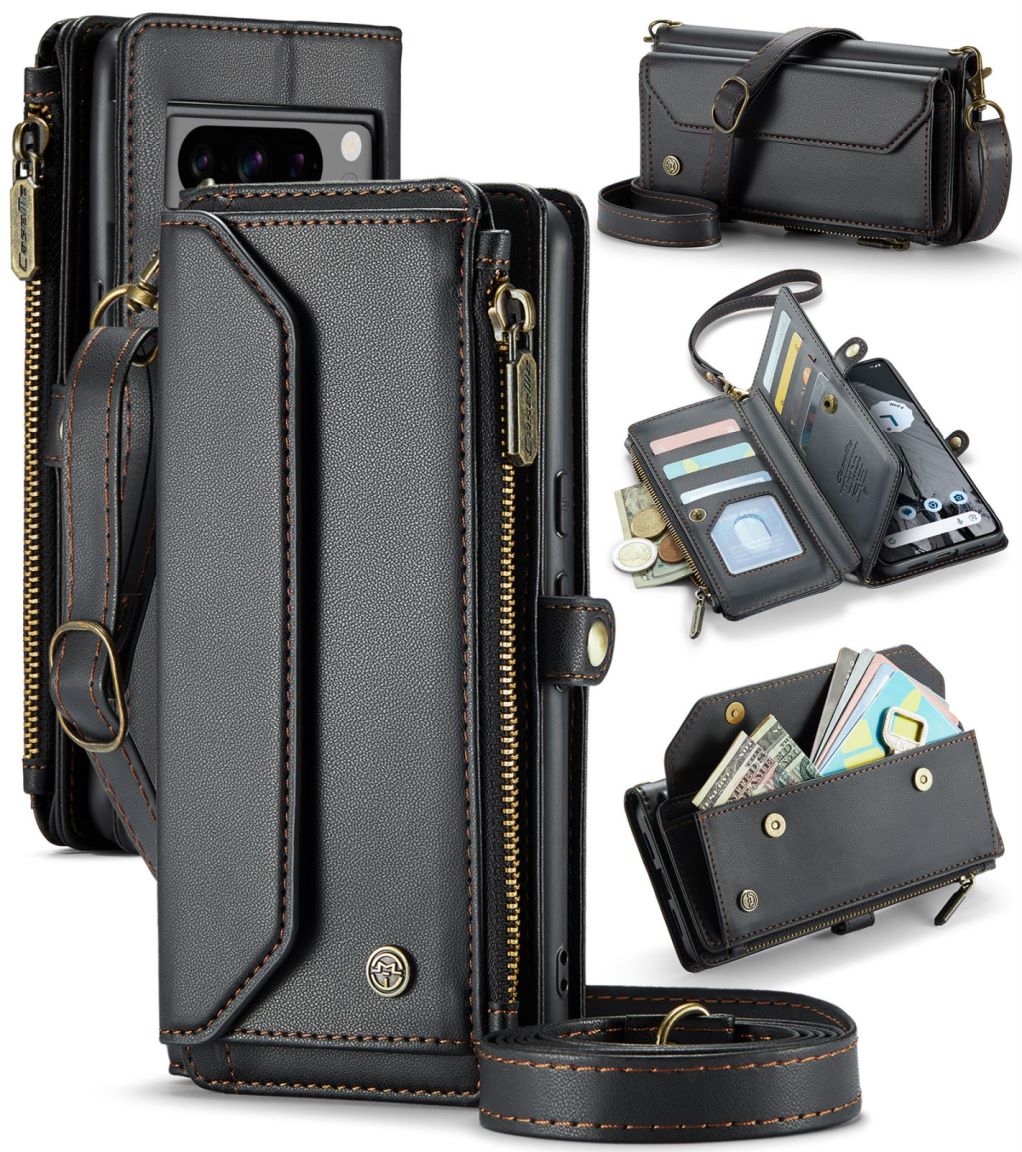 New RFID Blocking Zipper Wallet Supports Wireless Charging with Long and Short Lanyard Leather Phone Case for Google