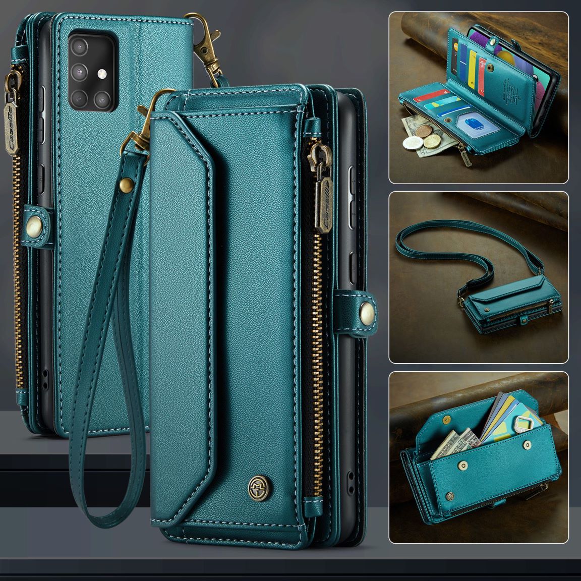 New RFID Blocking Zipper Wallet Supports Wireless Charging with Long and Short Lanyard Leather Phone Case for Samsung Galaxy A