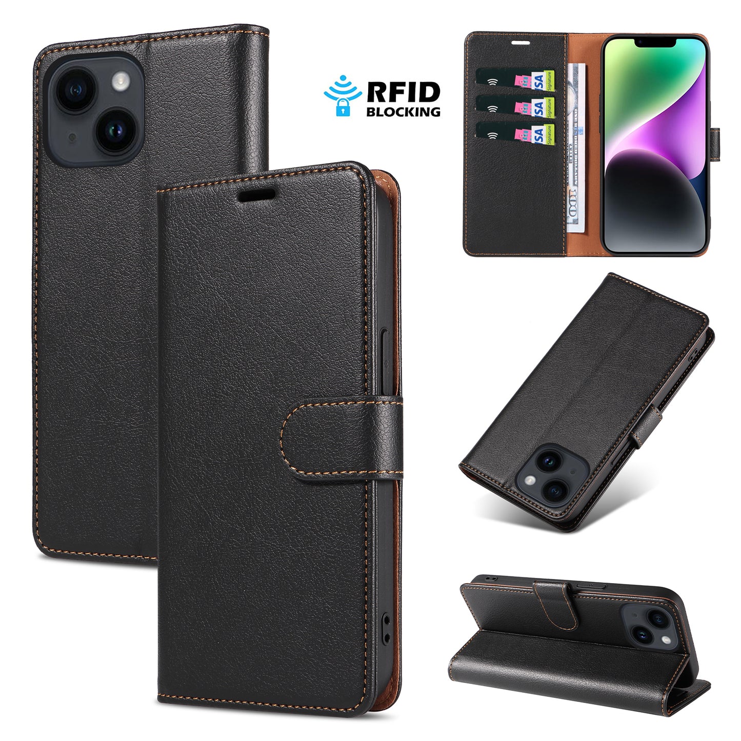 New RFID Blocking Card Holder Leather Phone Case for iPhone