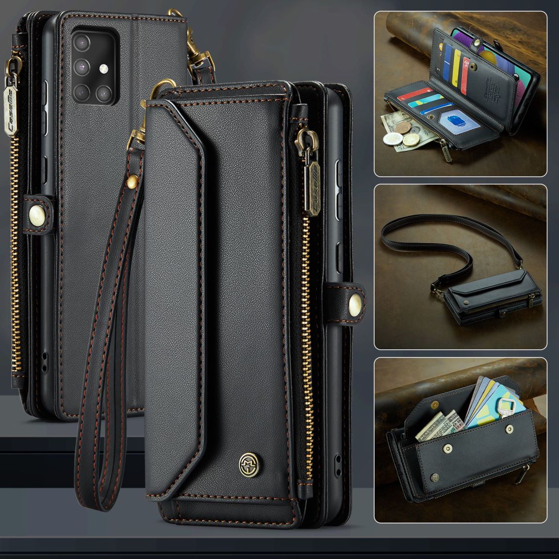 New RFID Blocking Zipper Wallet Supports Wireless Charging with Long and Short Lanyard Leather Phone Case for Samsung Galaxy A