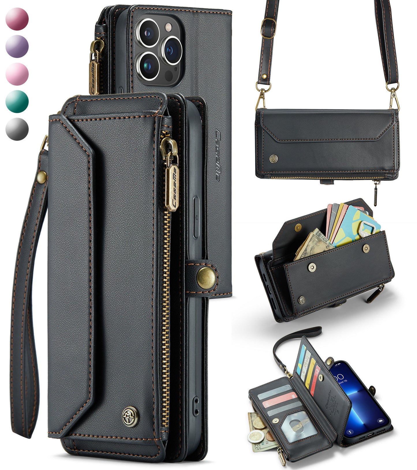 New RFID Blocking Zipper Wallet Supports Wireless Charging with Long and Short Lanyard Leather Phone Case for iPhone