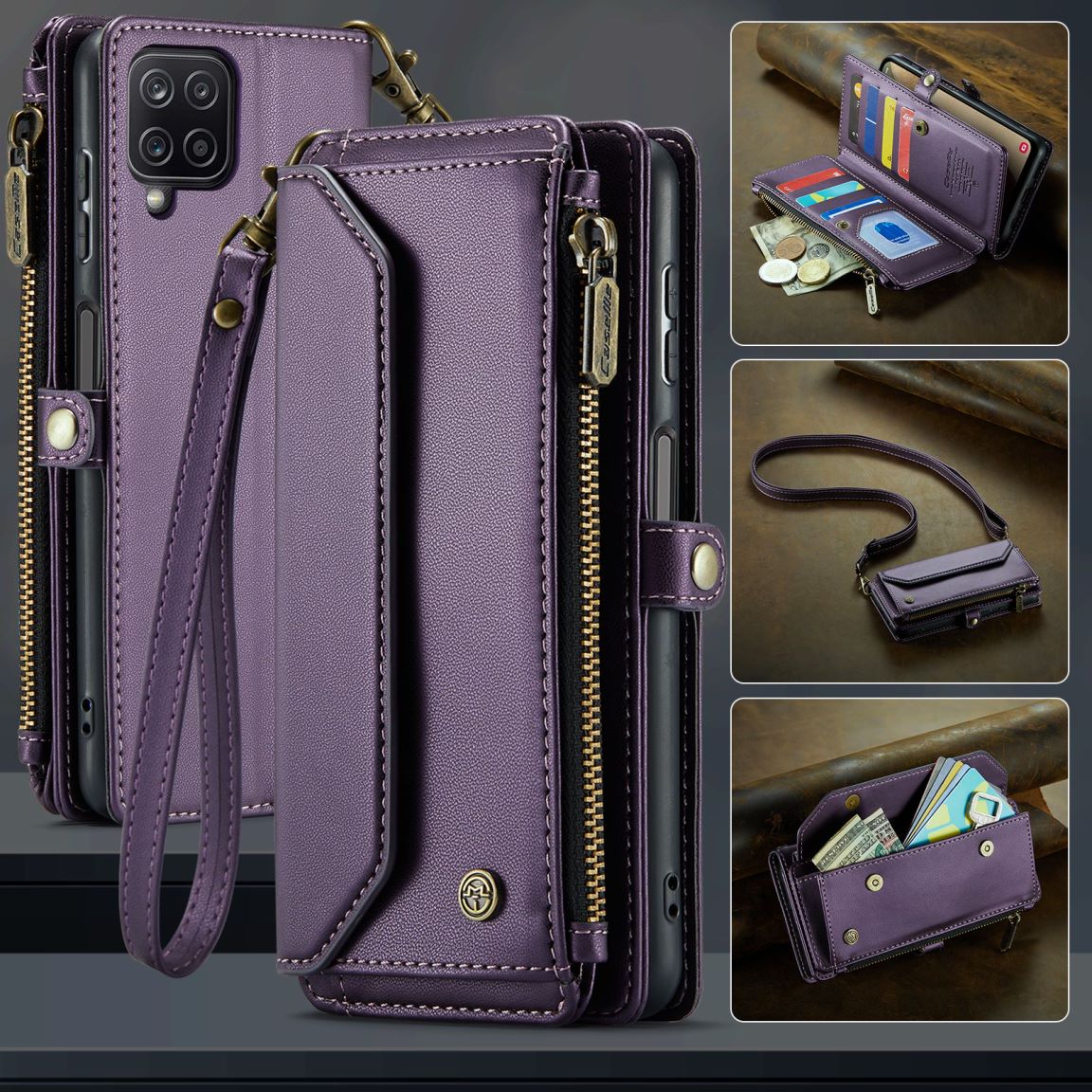 New RFID Blocking Zipper Wallet Supports Wireless Charging with Long and Short Lanyard Leather Phone Case for Samsung Galaxy A