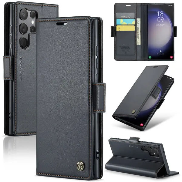 New RFID Blocking Magnetic Closure Wireless Charging Leather Phone Case for Samsung Galaxy S24 Ultra