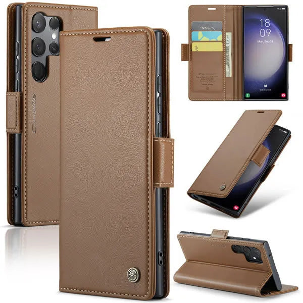 New RFID Blocking Magnetic Closure Wireless Charging Leather Phone Case for Samsung Galaxy S24 Ultra