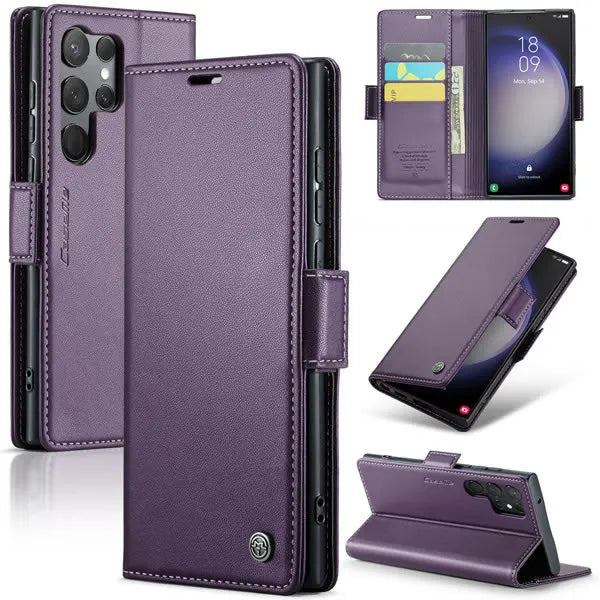 New RFID Blocking Magnetic Closure Wireless Charging Leather Phone Case for Samsung Galaxy S24 Ultra