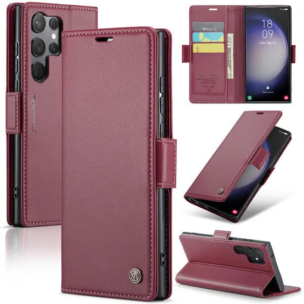 New RFID Blocking Magnetic Closure Wireless Charging Leather Phone Case for Samsung Galaxy S24 Ultra