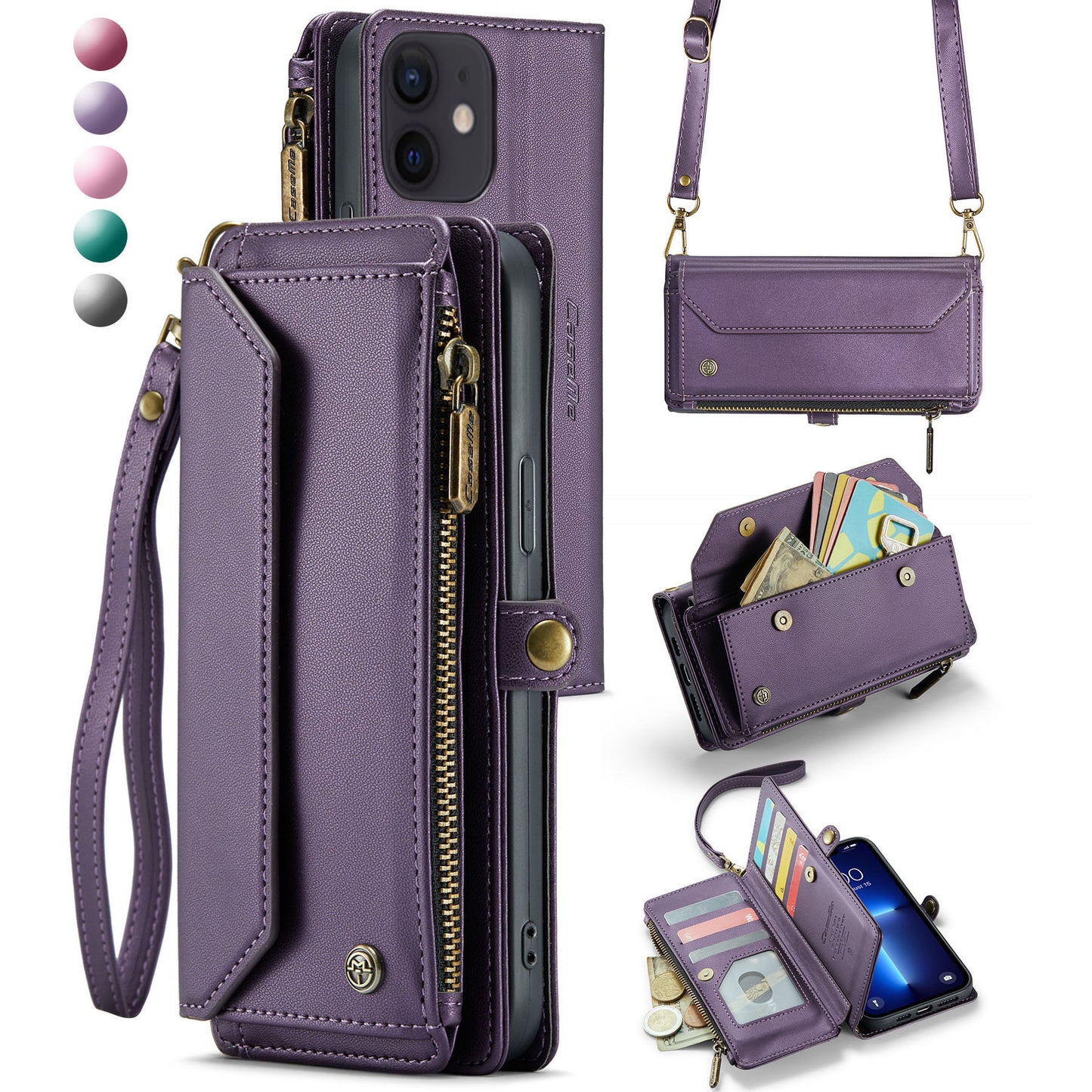 New RFID Blocking Zipper Wallet Supports Wireless Charging with Long and Short Lanyard Leather Phone Case for iPhone