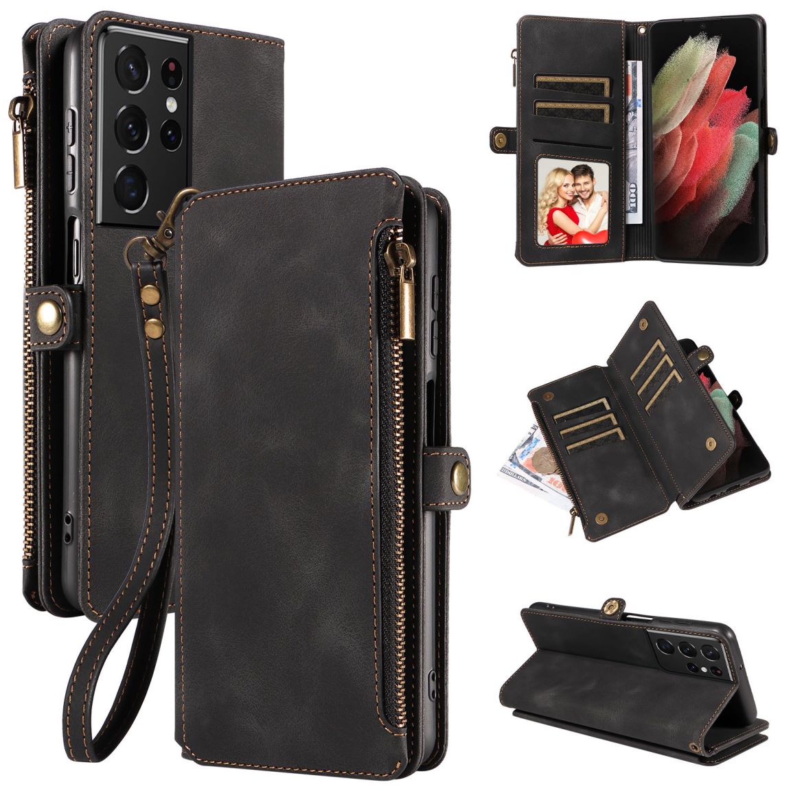 New RFID Blocking Zipper Wallet Leather Phone Case for Samsung