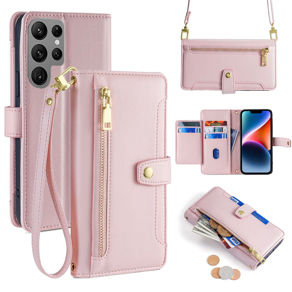 New Cross Body Zipper Wallet Leather Phone Case for Samsung