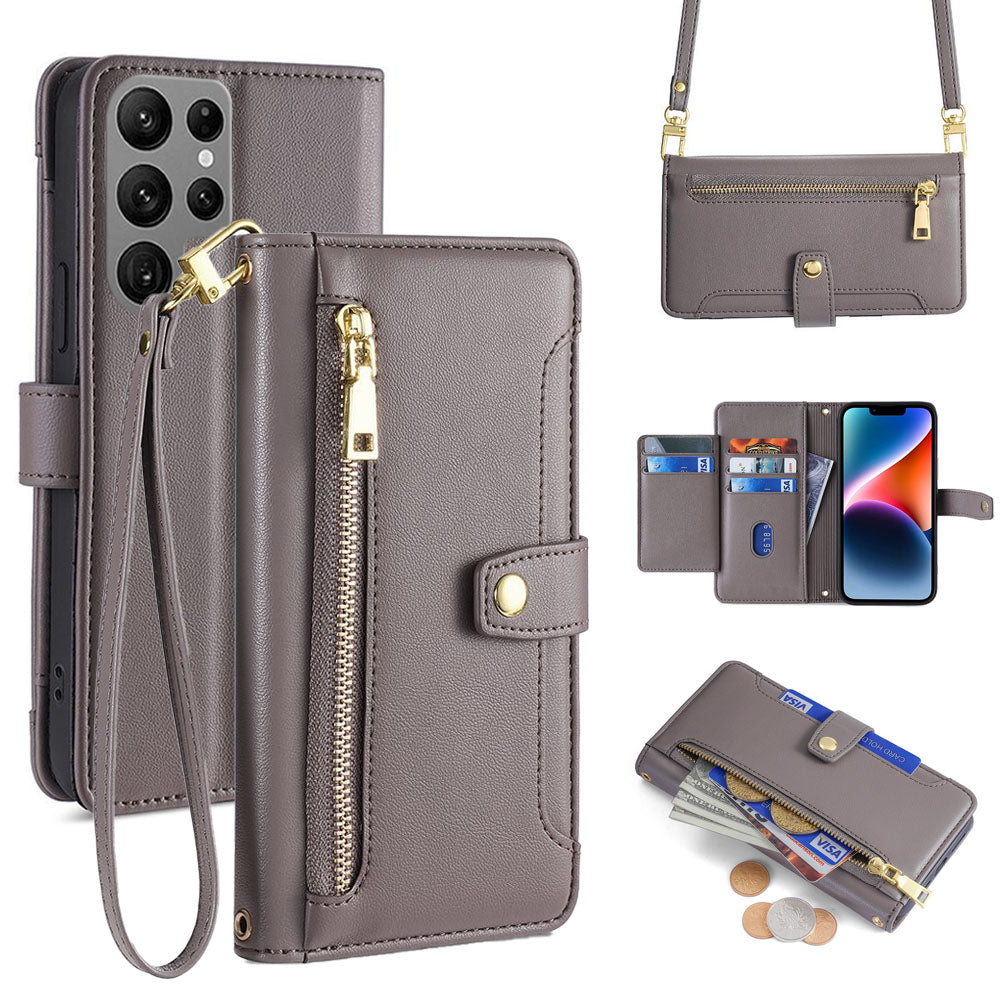 New Cross Body Zipper Wallet Leather Phone Case for Samsung